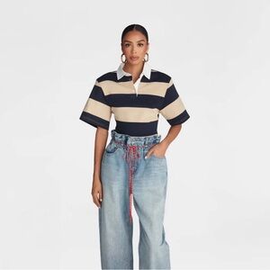 KBB by Kahlana Fitted Rugby Shirt: Navy and Tan Striped-Size XS